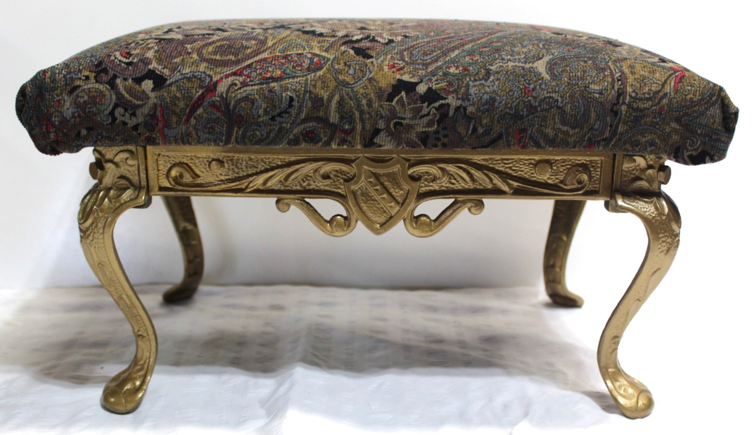 Antique Heavy Ornate WH Howell Cast Iron Elegant Foot Stool Paisley Padded Seat