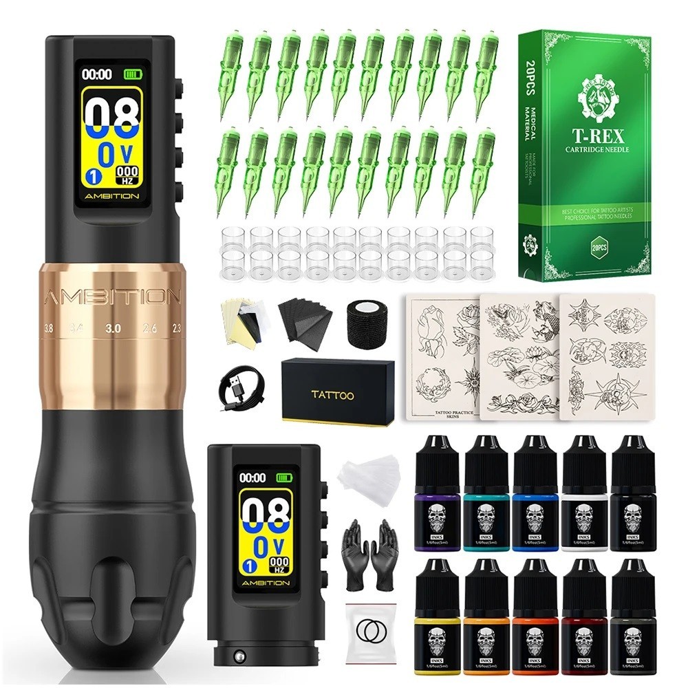 Wireless Tattoo Machine Full Kit Coreless Motor 2.0-4.2mm StrokeS Beginners Art