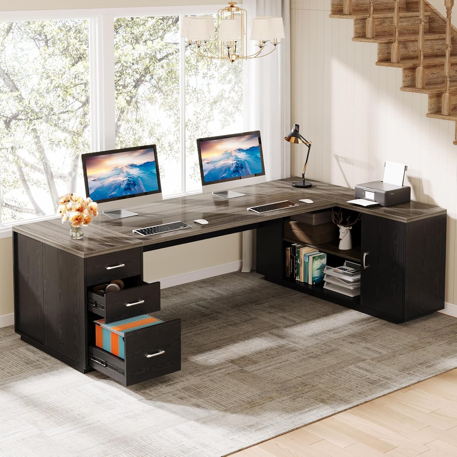 85.8'' Large Executive Desk Modern L-Shaped Office Computer Desk w/ File Drawer