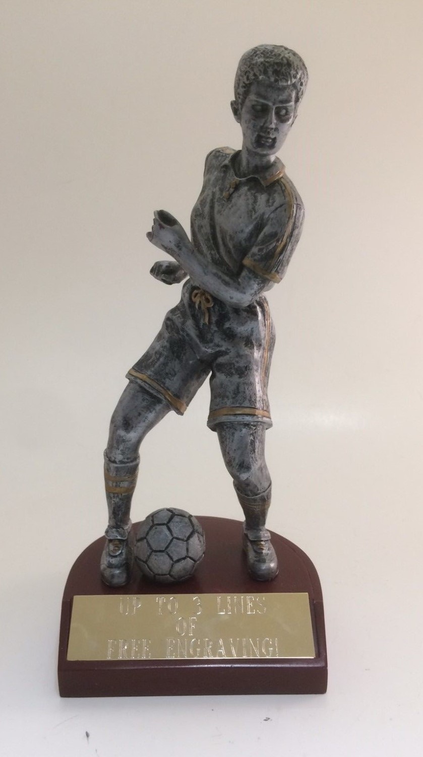 MALE SILVER SOCCER RESIN TROPHY!  FREE ENGRAVING!  SHIPS IN 1 BUSINESS DAY!!