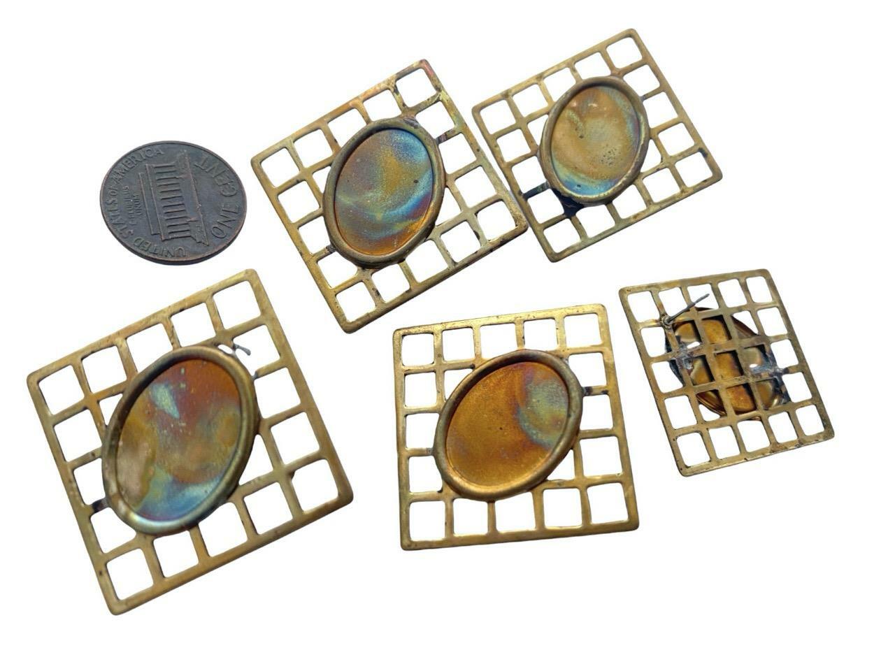 Vintage Large 30mm Brass Post Earrings Grid Oval Setting 4