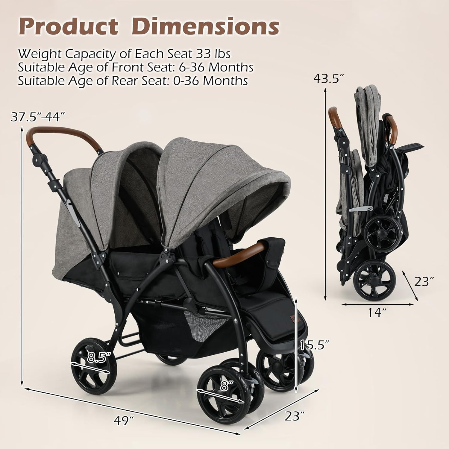 Compact Double Stroller with Adjustable Canopy, Harness & Storage Basket