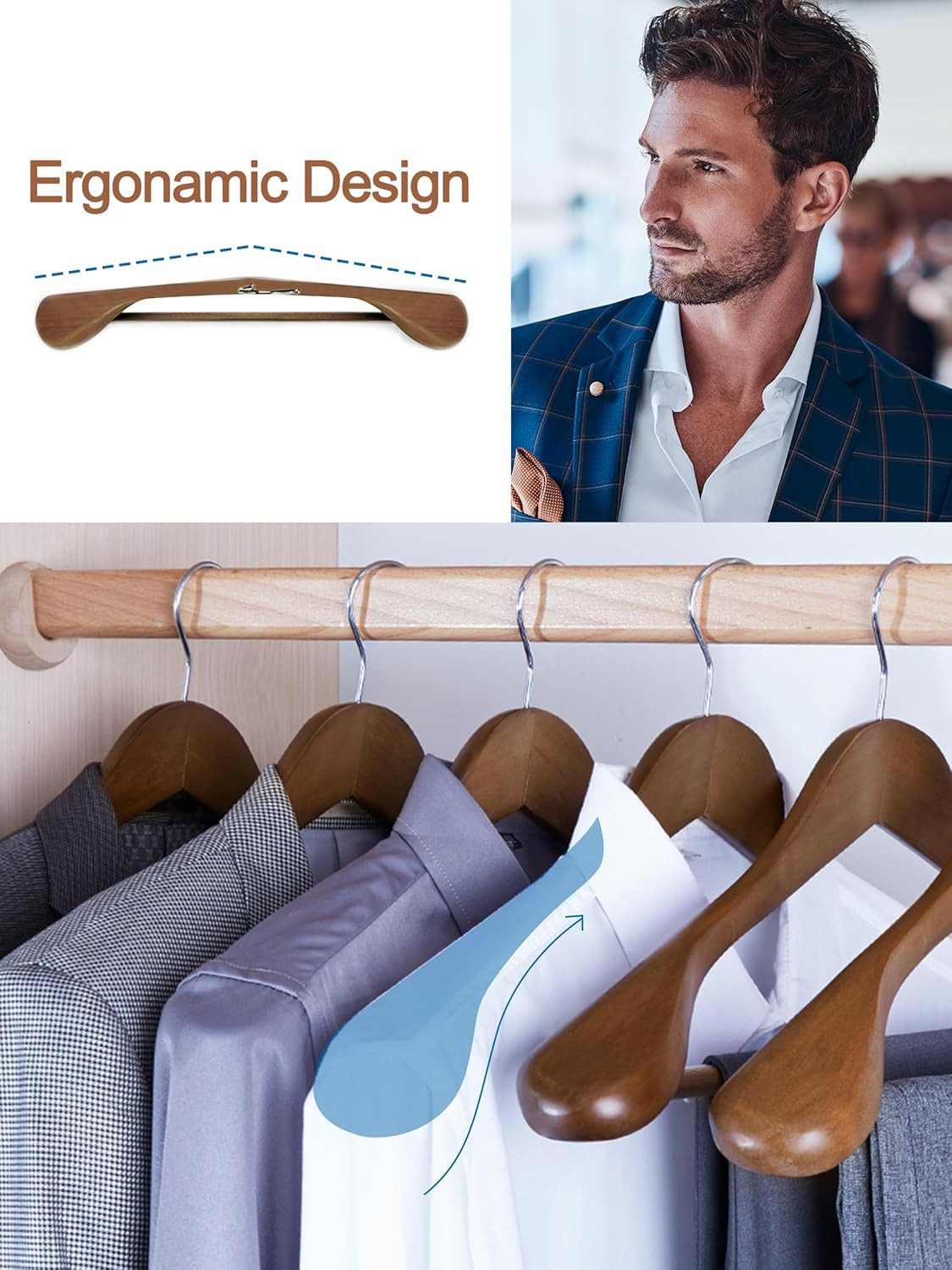 Wide Shoulder Wooden Hangers, Suit Hangers with Non Slip Pants Bar, Smooth Finis