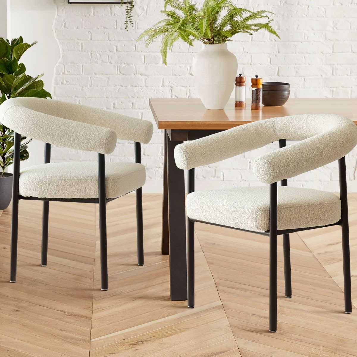 Set of 2 Modern Boucle Upholstered Dining Chairs Curved Tub Armrest Matte Beige