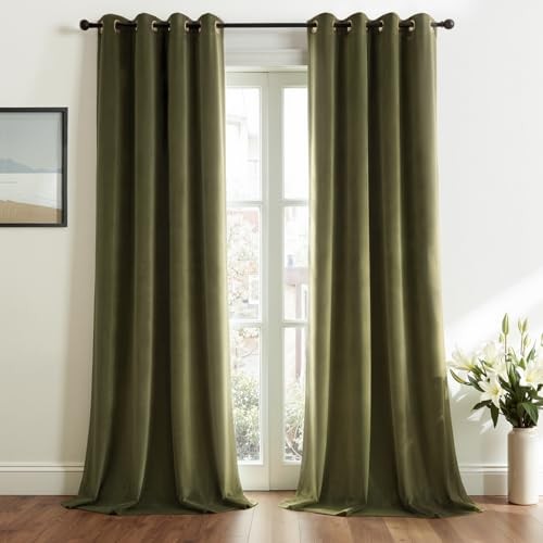 Velvet Blackout Curtains 108 Inches Long 52"W x 108"L (Pack of 2) Olive Green