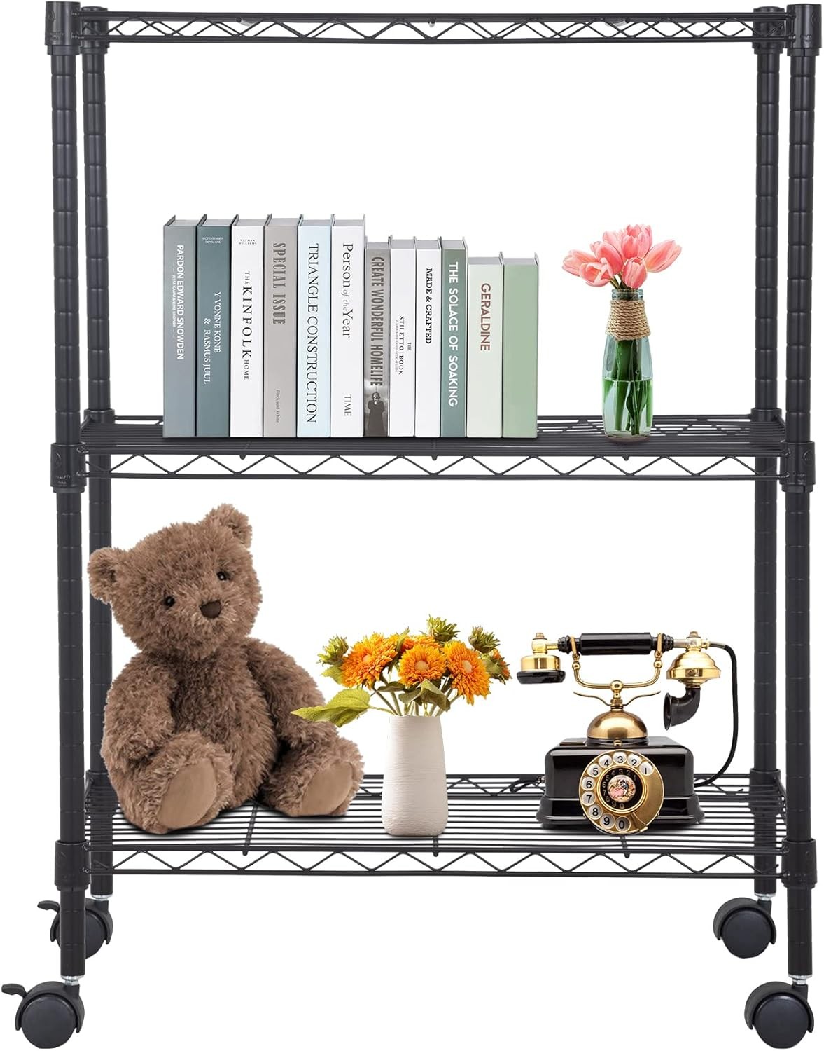 3-Tier Wire Storage Shelves with Wheels 23x13x31 Chrome Adjustable Racks