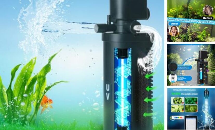 158GPH Small Aquarium Filter, UV Aquarium Filter for 100-300 Gallon Black