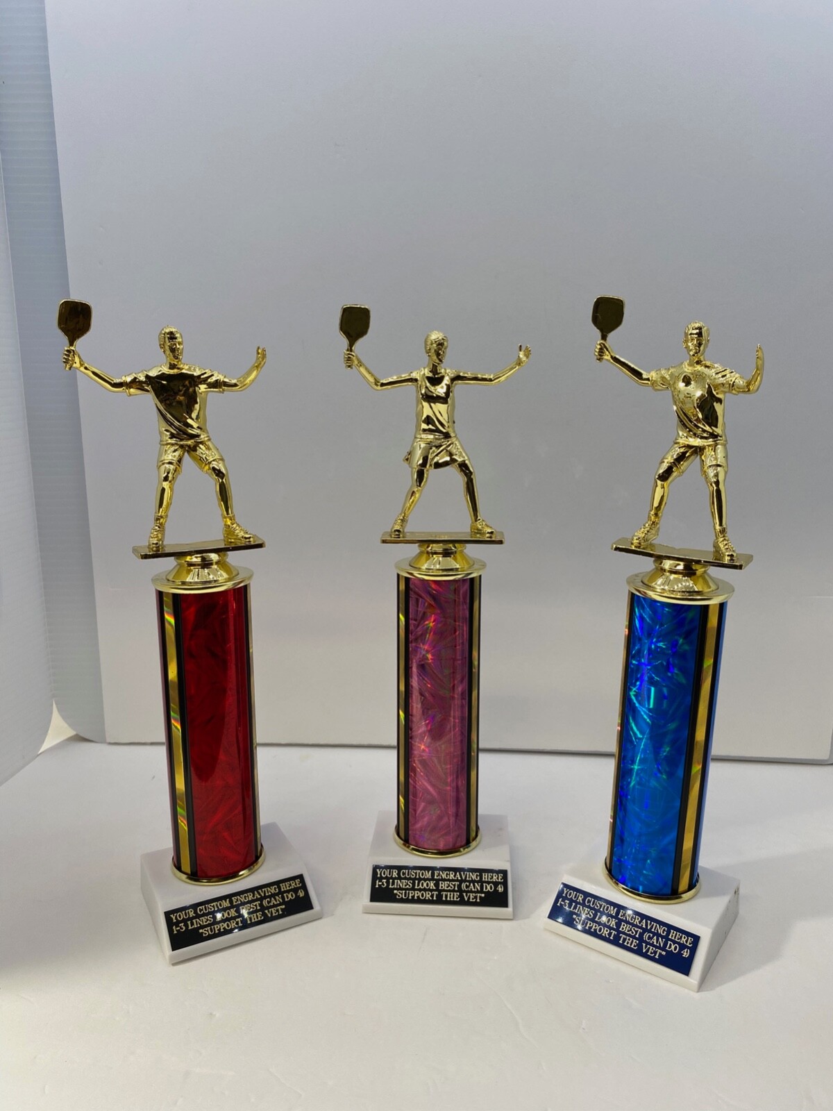 PICKLEBALL AWARD TROPHY 13"  FREE CUSTOM ENGRAVING   M or F  "SUPPORT THE VET"