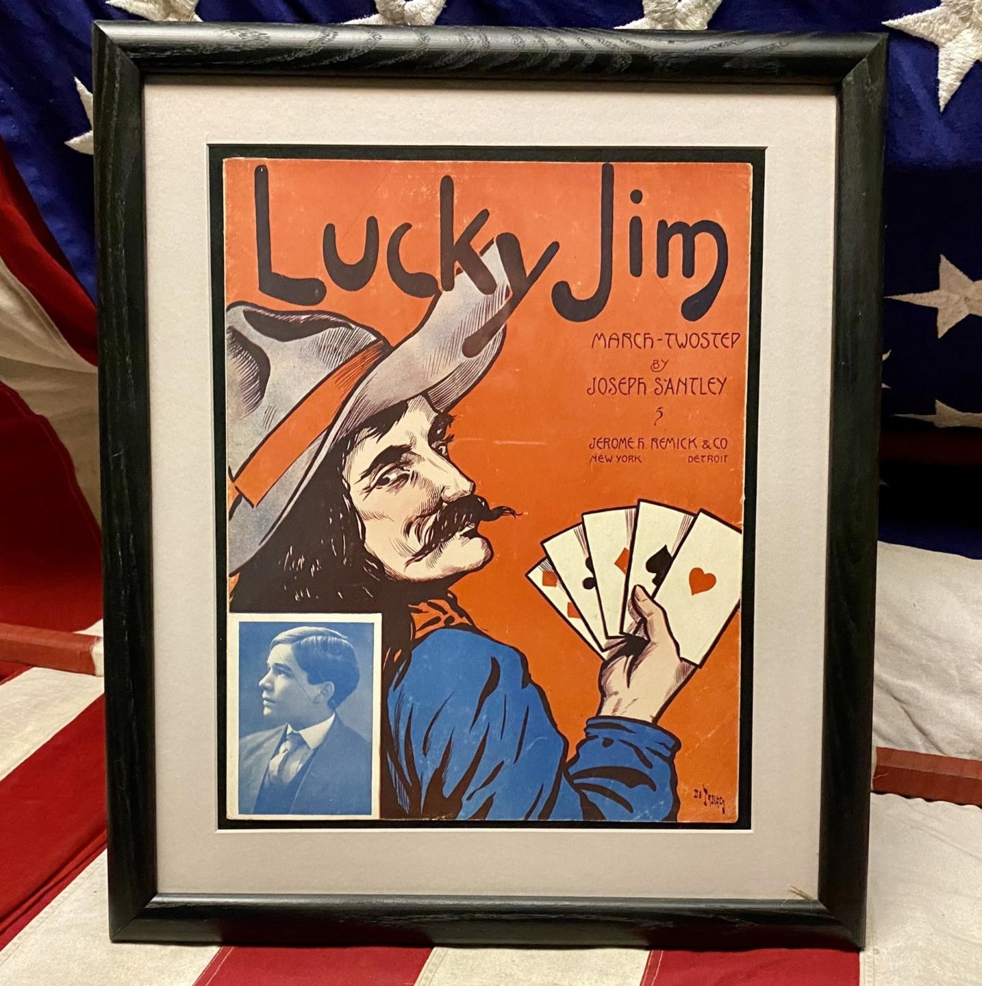 Vintage 1908 'Lucky Jim' Antique Poker Themed Sheet Music Cowboy Western Framed