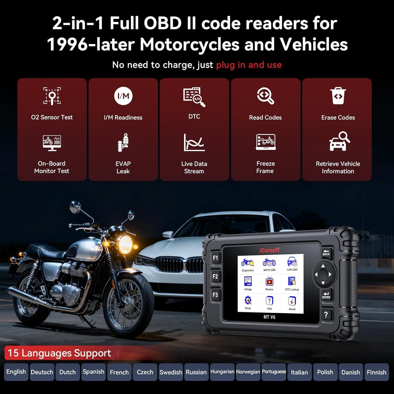 Triumph Motorcycle Diagnostic Tool iCarsoft MT V6 OBD2 Scanner Code Reader UK