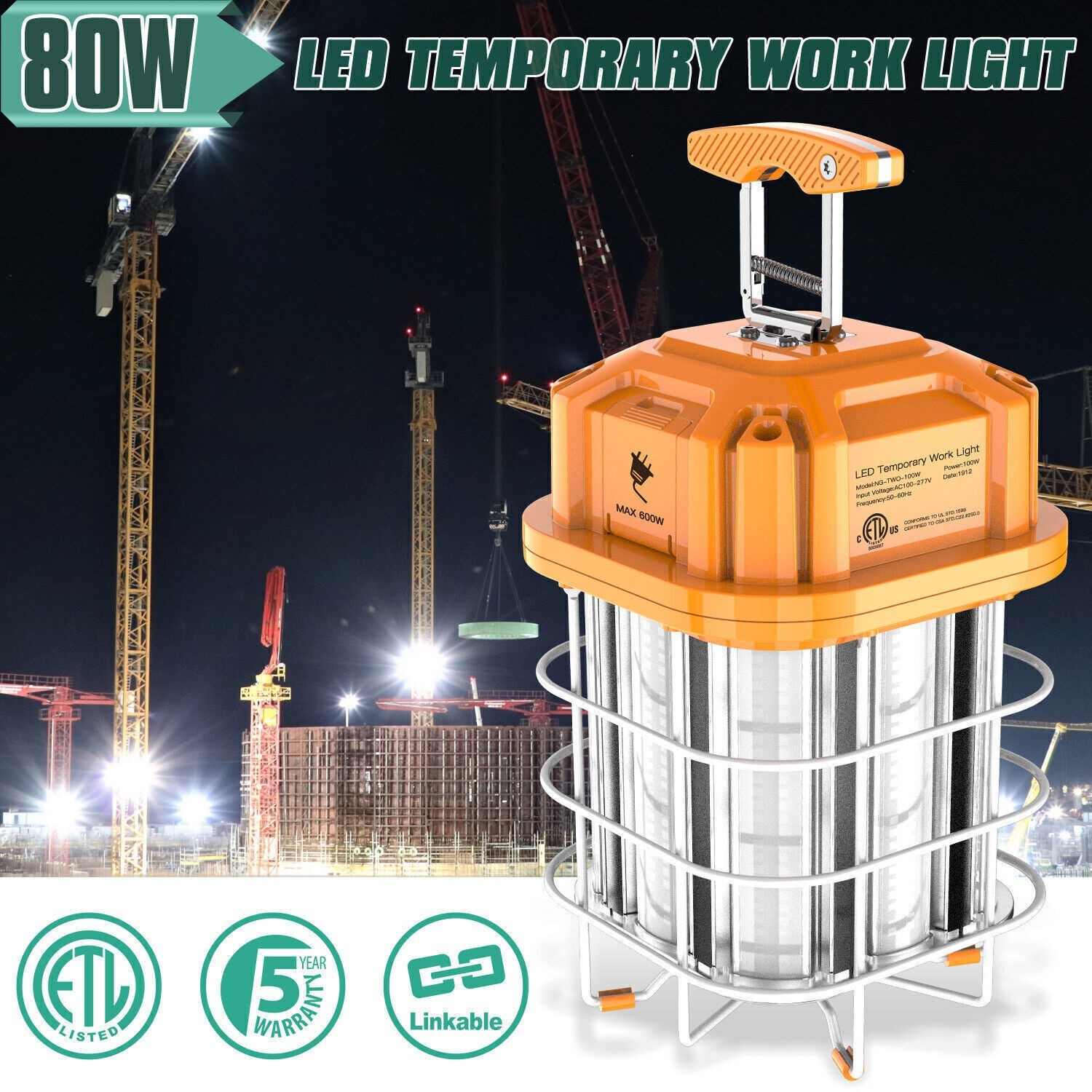 80W LED Temporary Work Light Linkable Jobsite Construction Hanging Lamp 11,600LM
