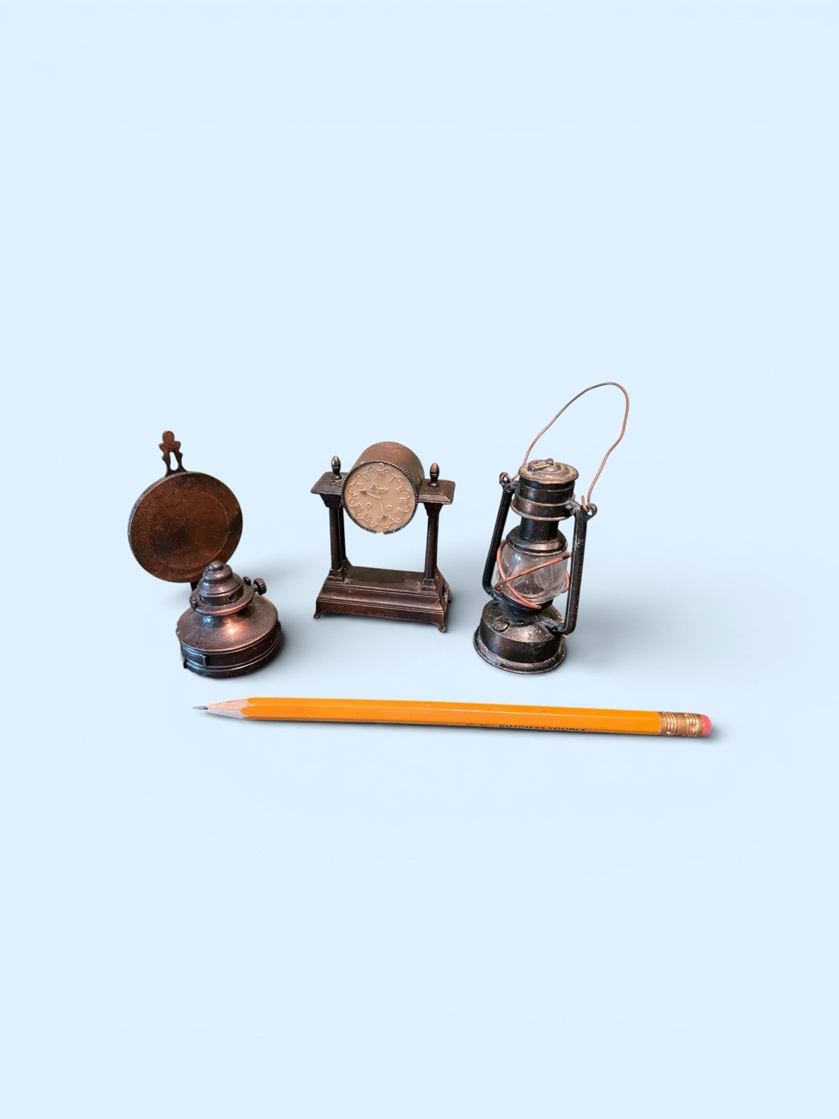 Set Of 3 Vintage Desk Pencil Sharpeners Railroad Lantern Gaslight Mantle Clock
