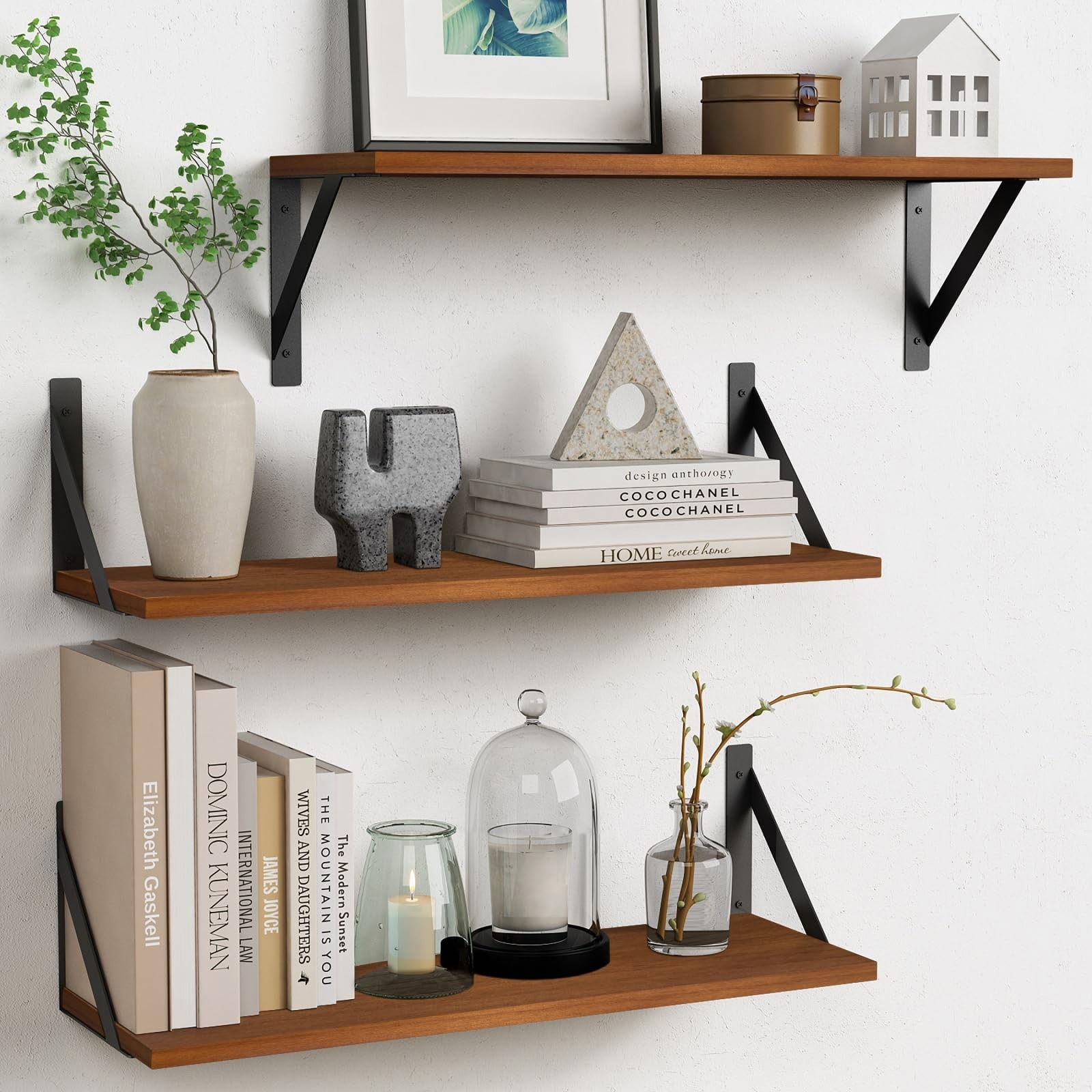 Forbena Walnut 24"x8" Floating Wall Bookshelves Set of 3 - Wood