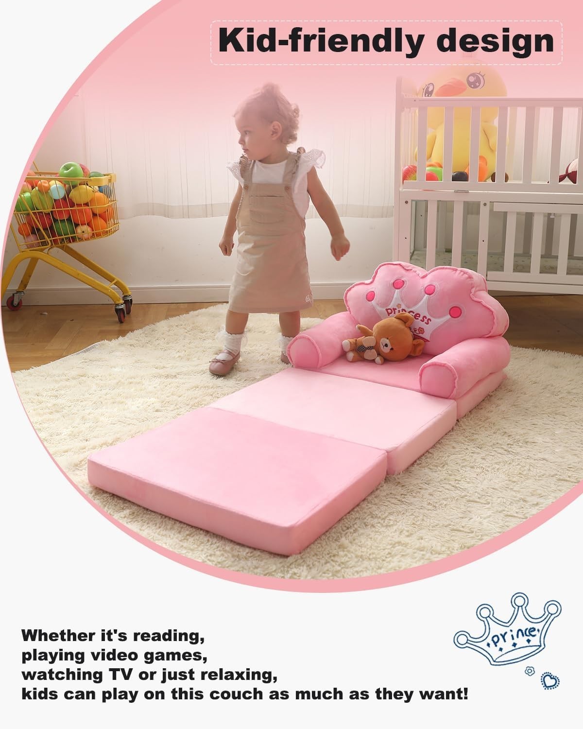 Foldable Princess Chair for Toddlers 1-3 - Cozy Pink Kids Couch Perfect for Play