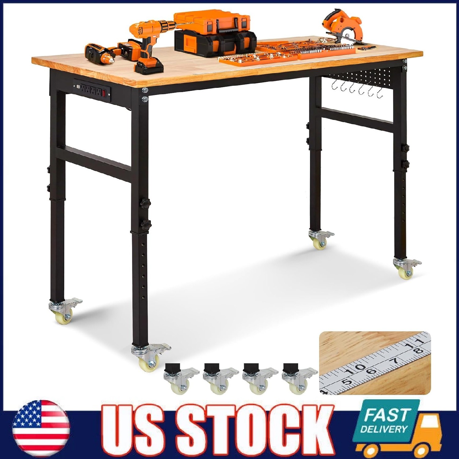 Adjustable Workbench with Power Outlets & Pegboard ,Heavy Duty Rubber Wood Table
