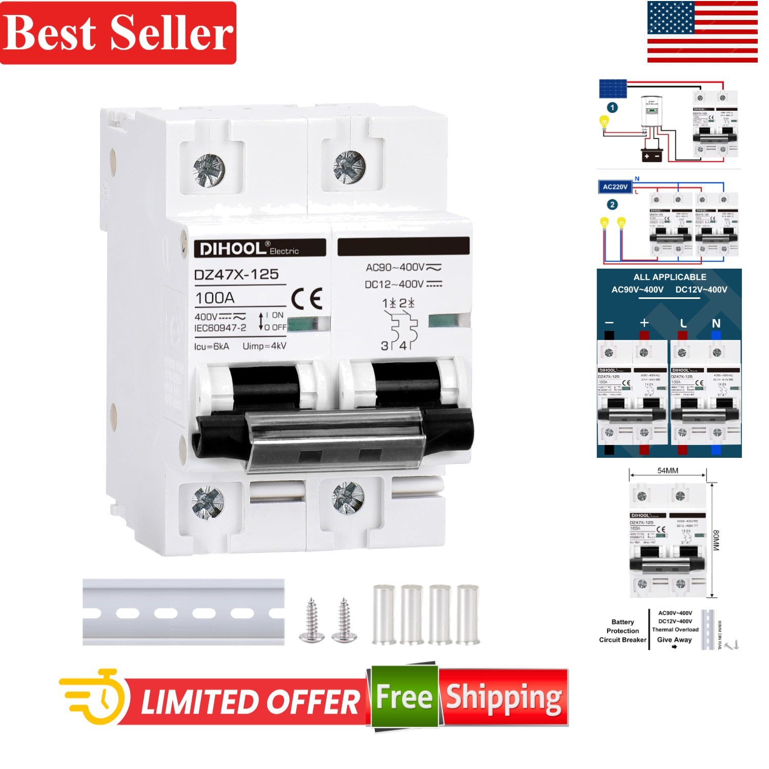 100 Amp Solar Disconnect Switch - Non-Polarized 2 Pole DIN Rail Circuit Breaker