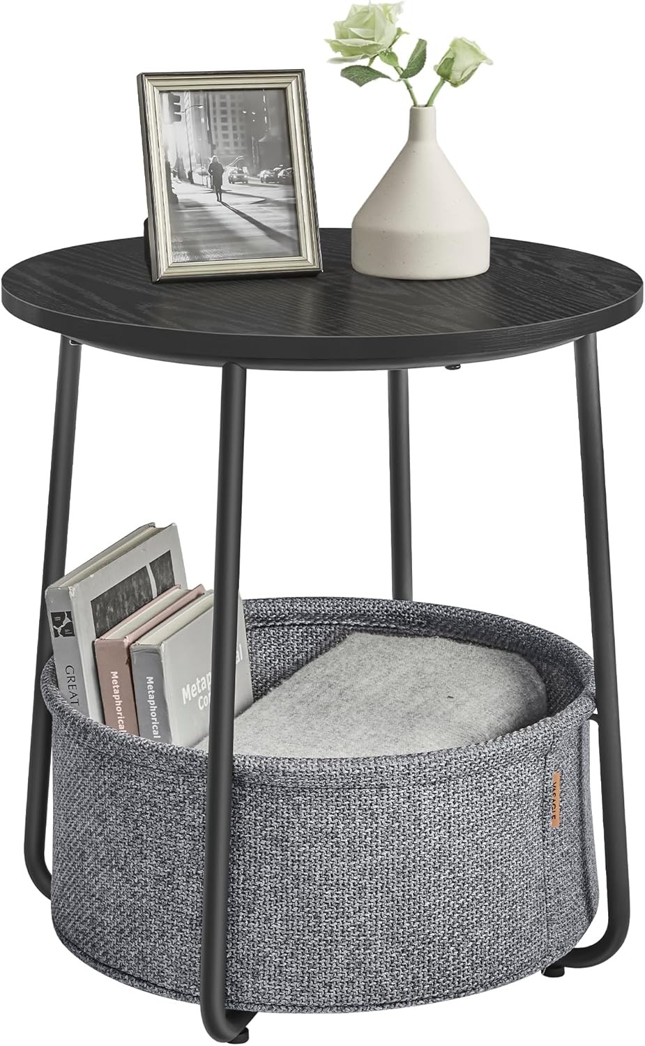 Collection Small Round Side End Table Modern Nightstand W/ Fabric Basket Durable