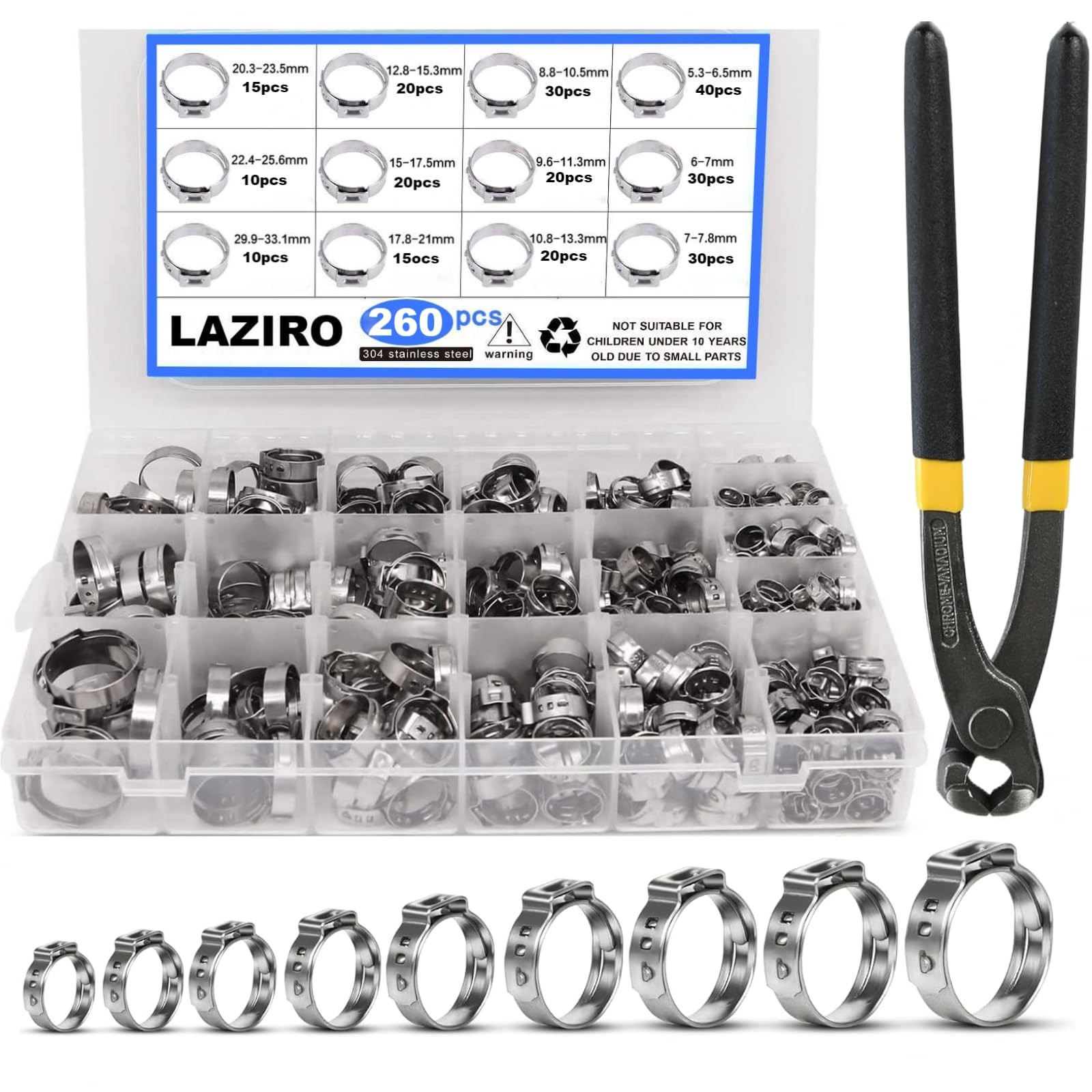 260 PCS 12 Sizes Single Ear Hose Clamps, 5.333.1mm 304 Stainless Steel Crimp ...