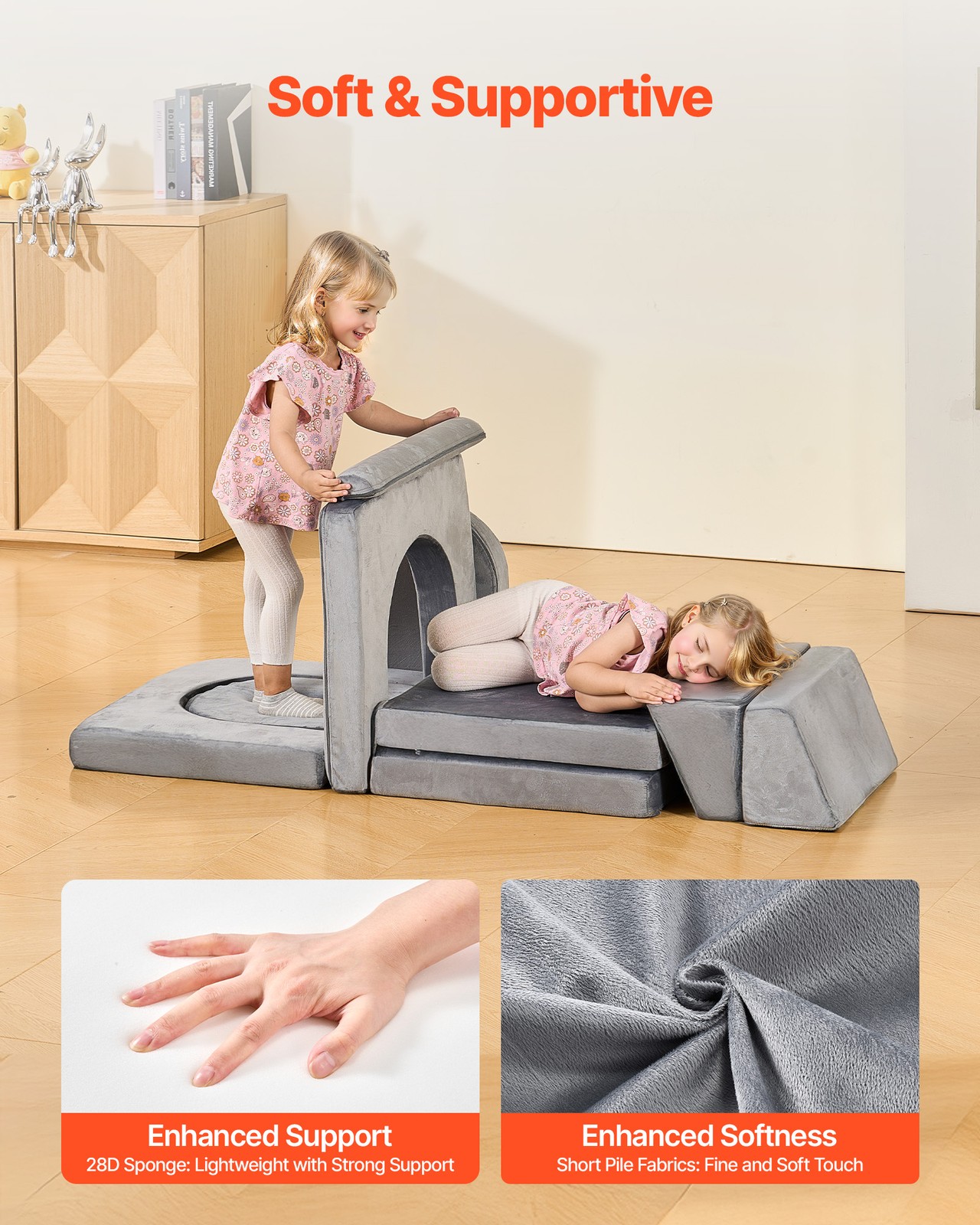 VEVOR Modular Kids Play Couch Sectional Toddler Sofa with Armrests 10 Pcs Gray