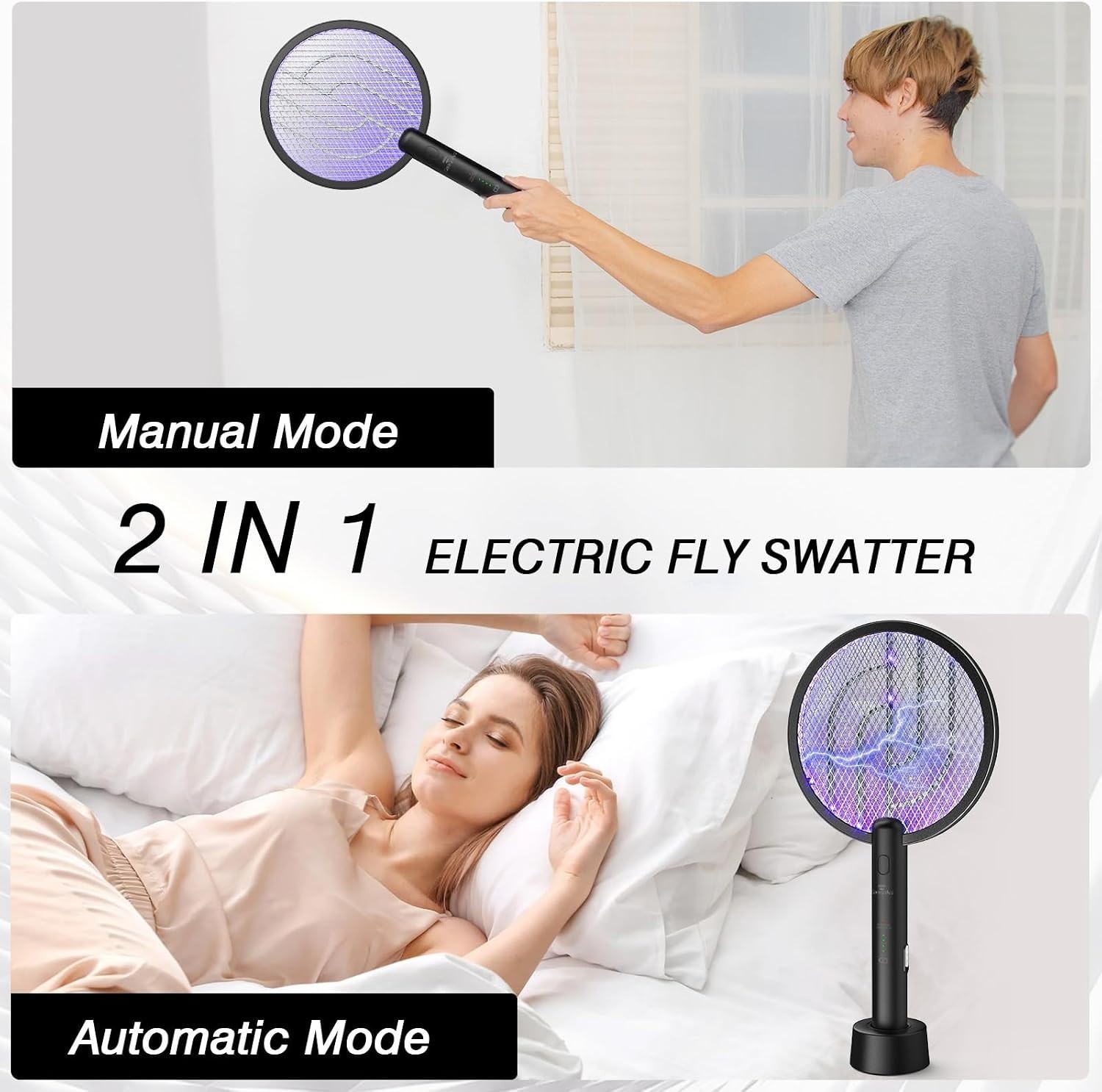 2 Mode Electric Fly Zapper Racket, USB Rechargeable - 2 Pack