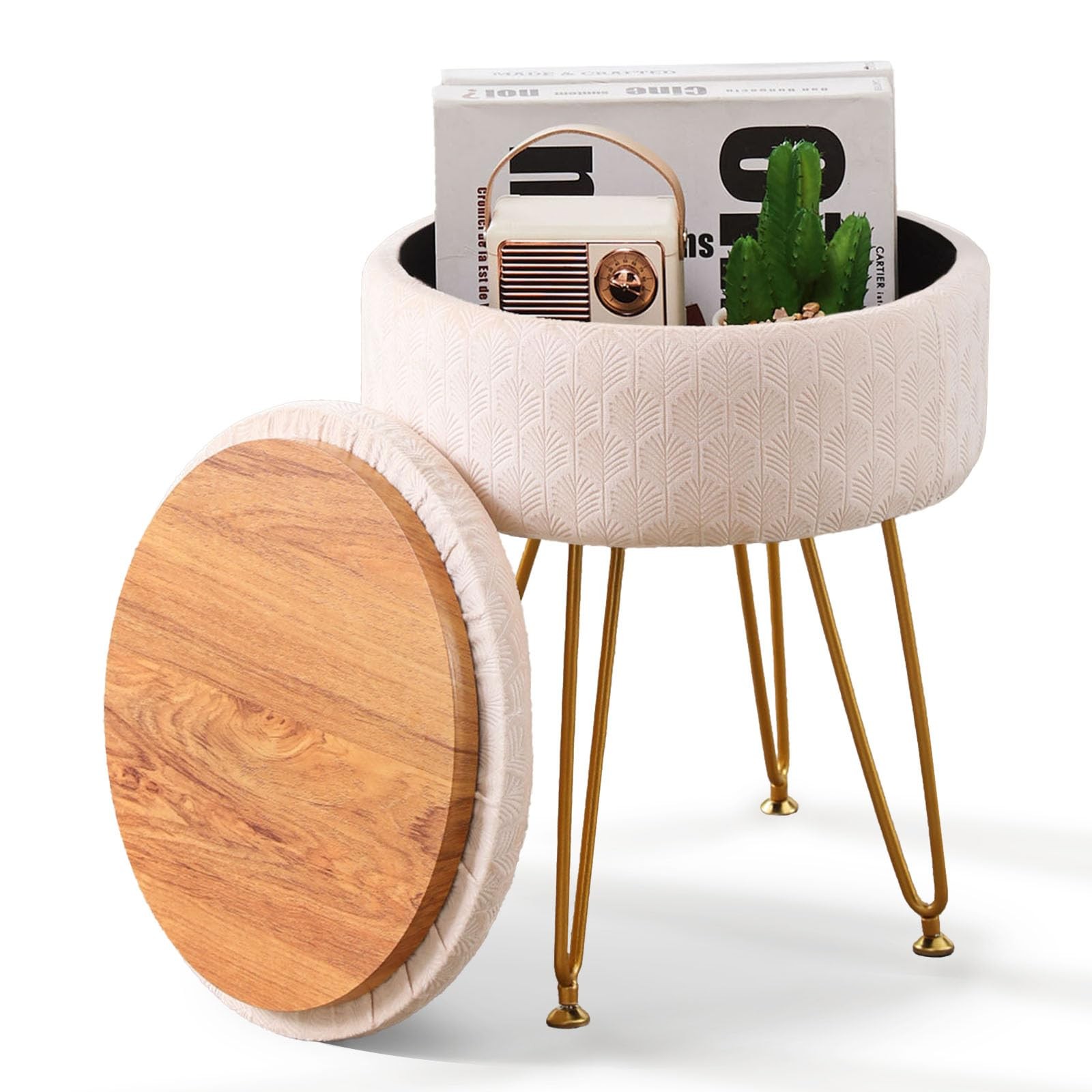Footrest Footstools Round Velvet Ottoman with Storage Space Soft Vanity Chair...