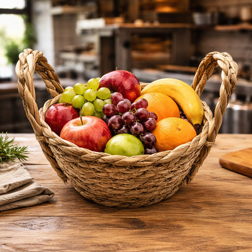 Small Handmade Woven Straw Basket Rustic Bread Fruit Storage Decor Handles