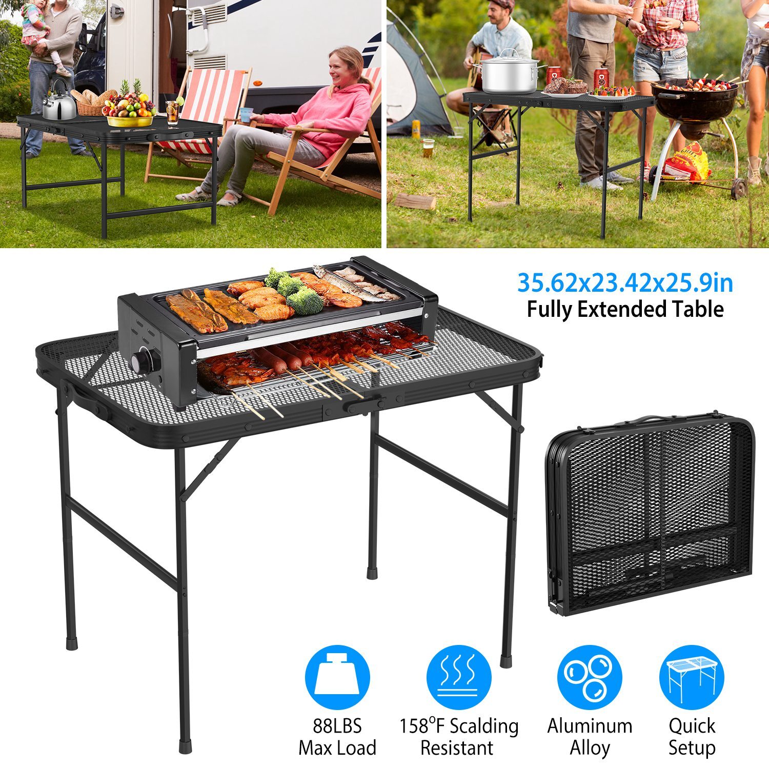 Foldable Camping Table Aluminum Alloy Adjustable Grill Stand w/Iron Mesh Table