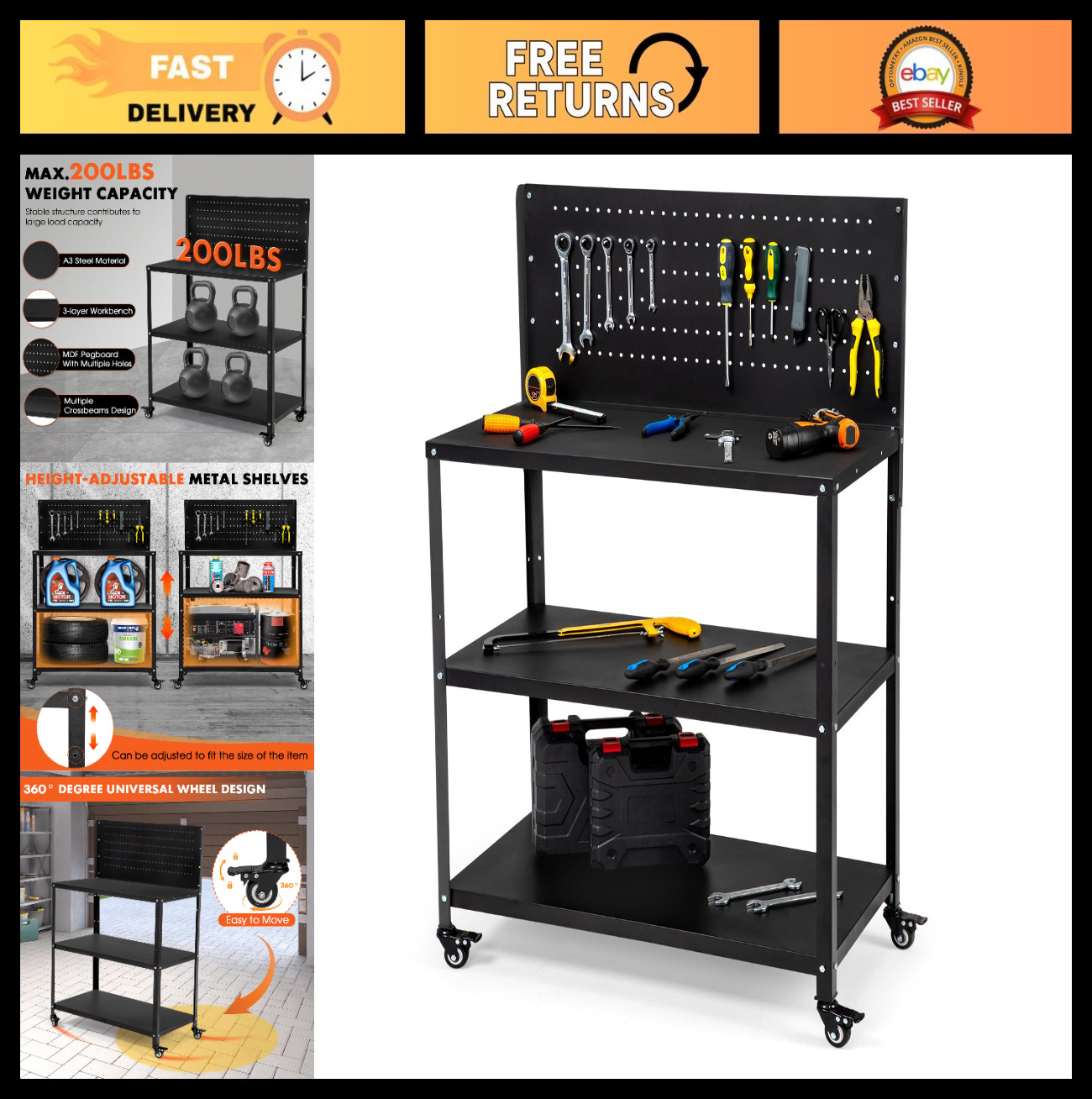 Heavy-Duty 50.4"x33.4" Garage Workbench with Pegboard, Lockable Casters & Shelve