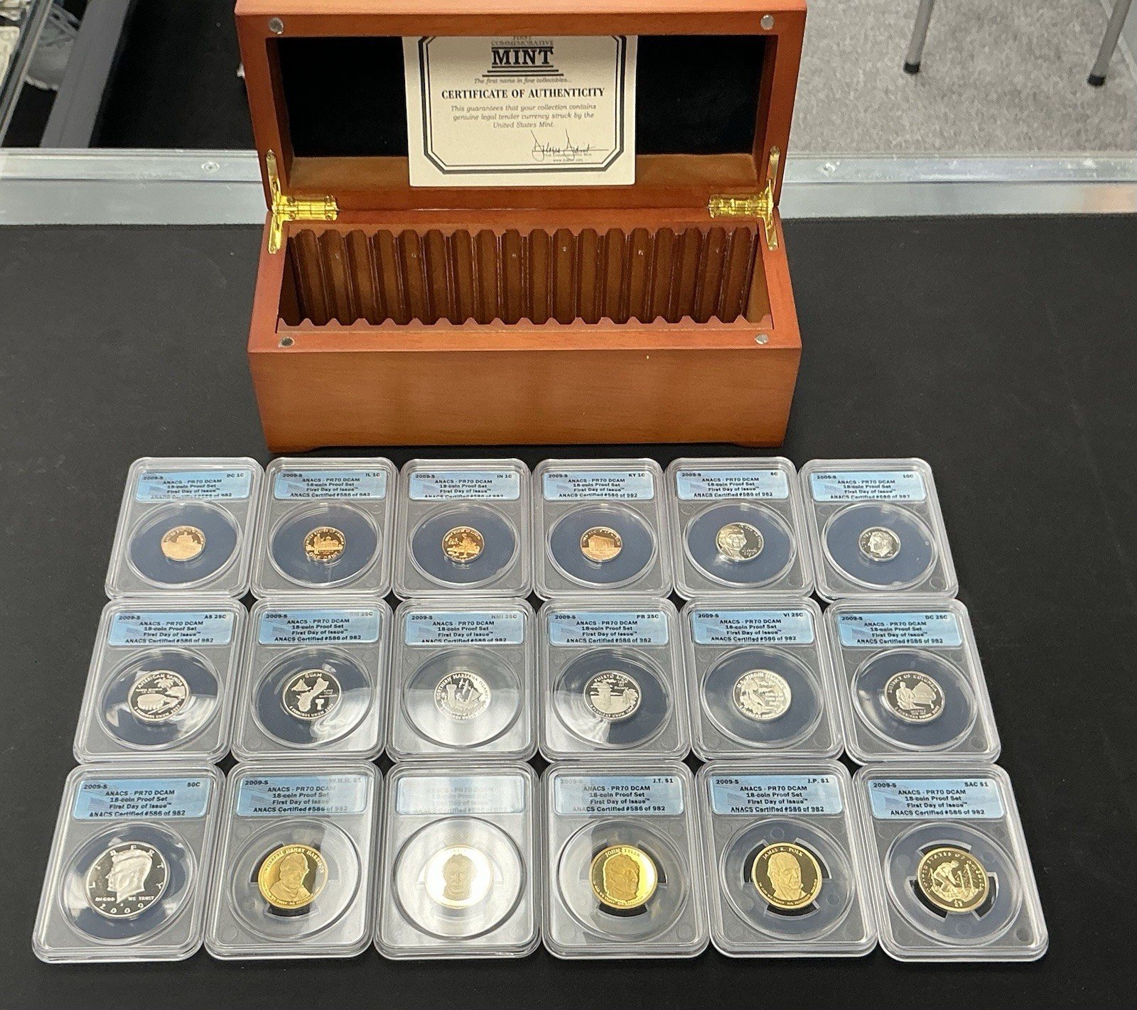 2009 S 18 Coin Proof Set ANACS PR70 DCAM w/Wood Presentation Box #586 of 982