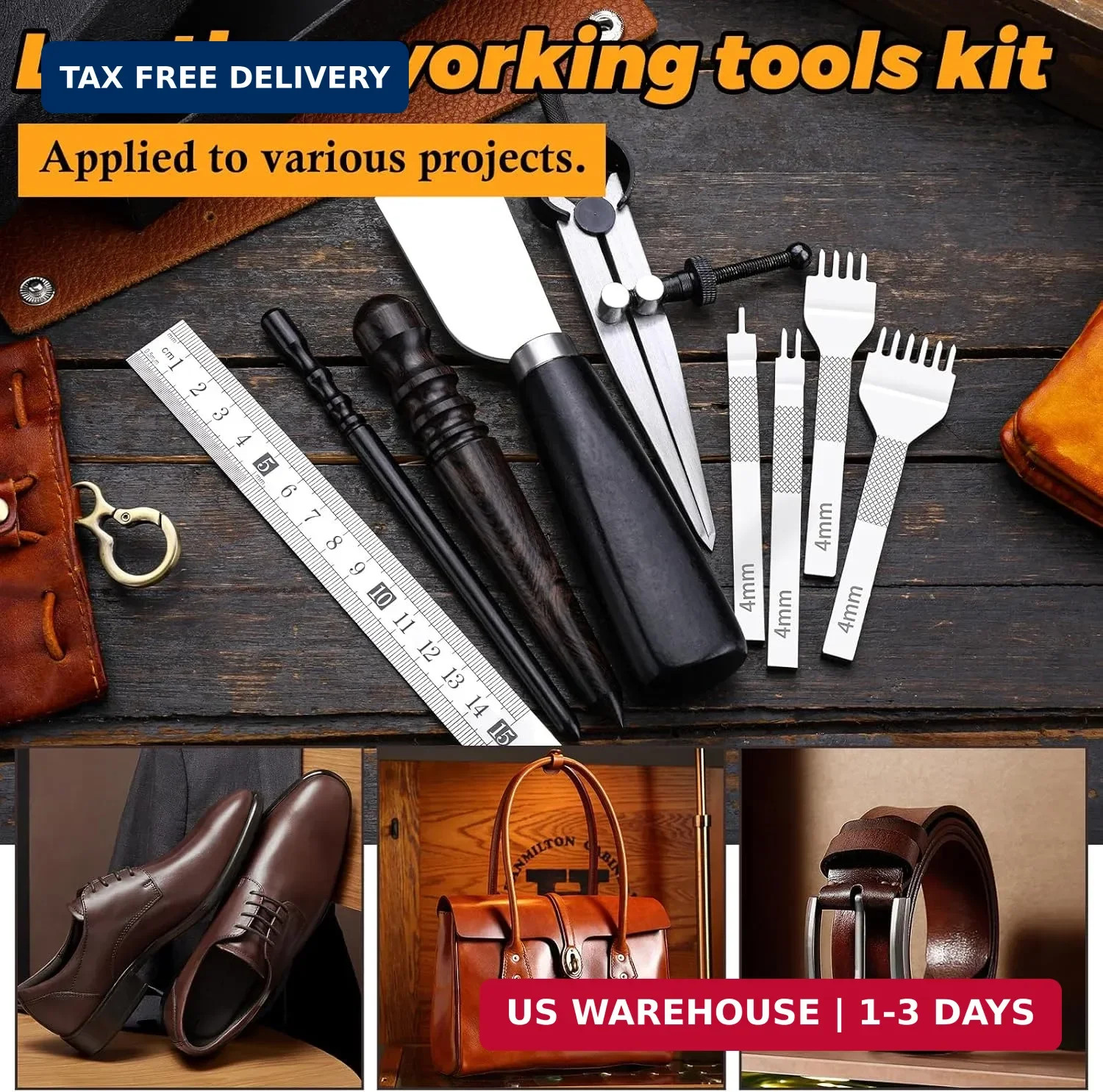 Leather Working Tools Kit Includes Cutting Knife, Edge Burnisher, 1/2/4/6 Stitch