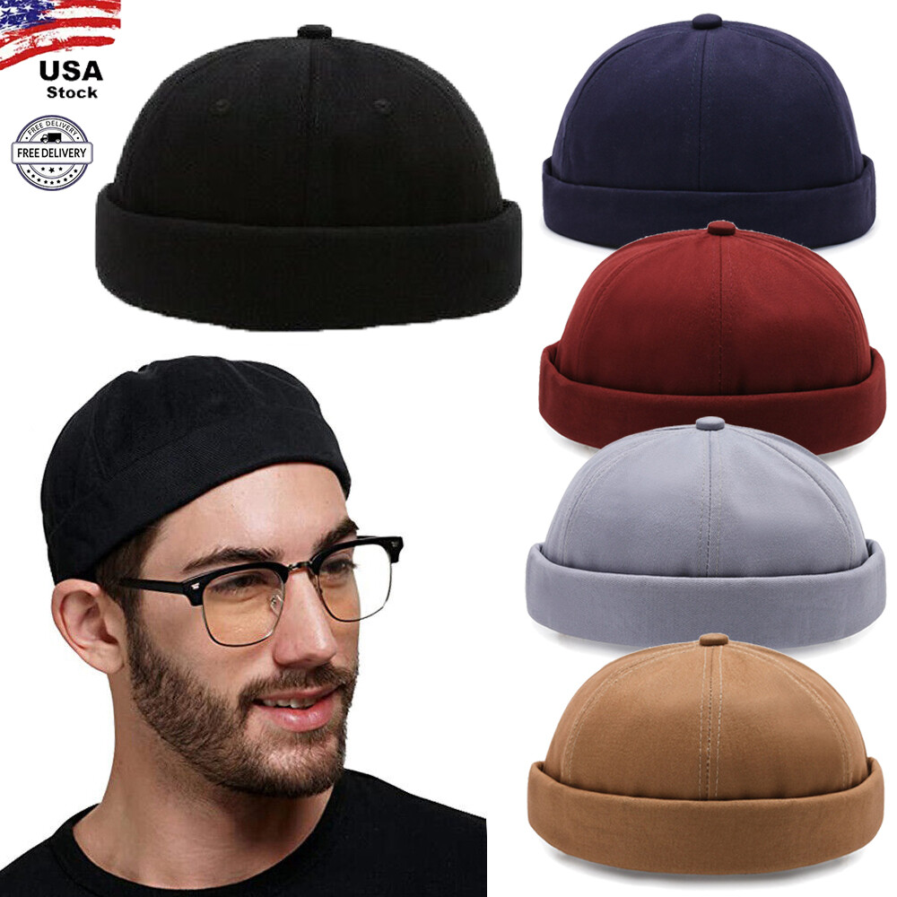 Men‘s Cotton Patch Brimless Skullcap Sailor Cap Rolled Cuff Retro Beanie Hat USA