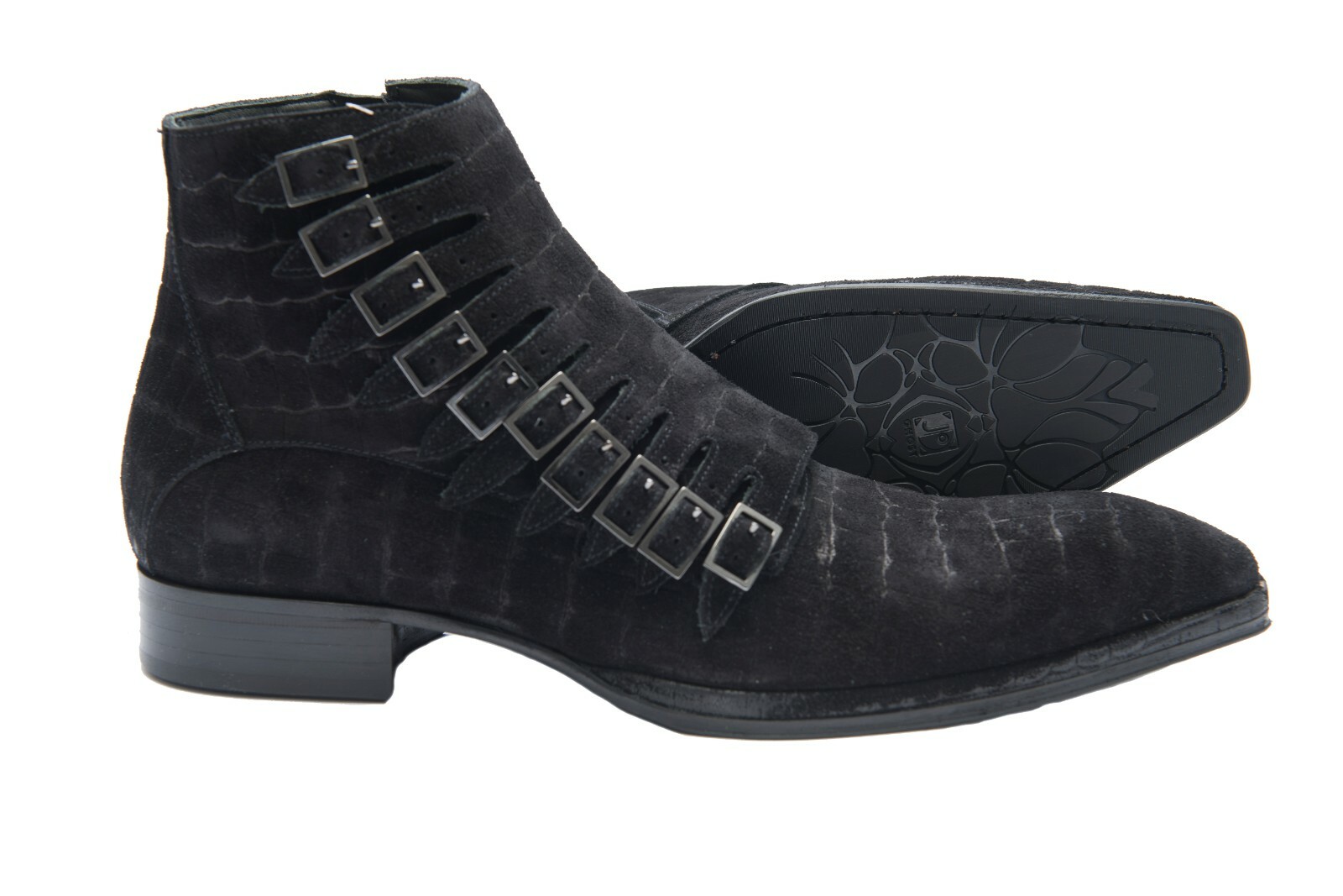 Jo Ghost 1554 Italian Black Croc Print Suede Ankle Boots With Zipper & Buckles