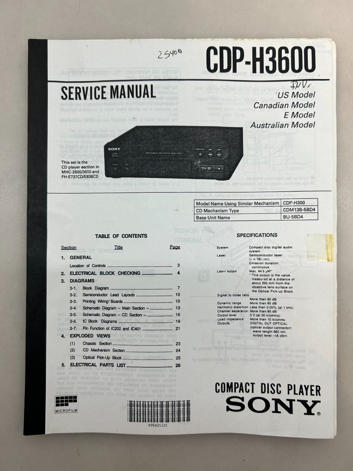 Sony CDP-H3600 Service Manual Copy From Sony Free Shipping
