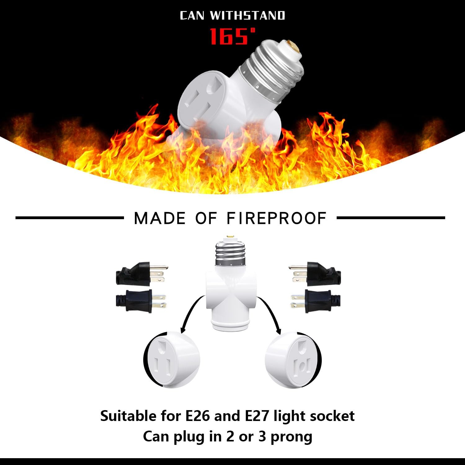Light Socket Adapter, Convert E26 to 3-Prong Outlet White