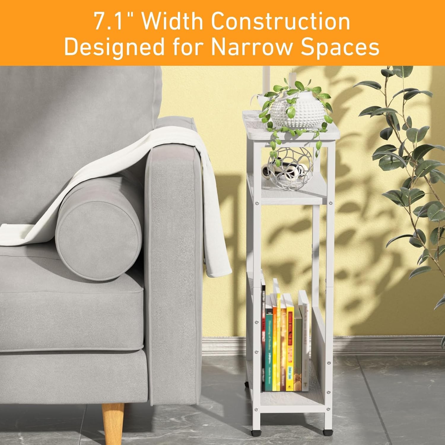 7.1" Narrow Side Table Small Spaces 3 Tier Small End Table W/ Magazine Holder