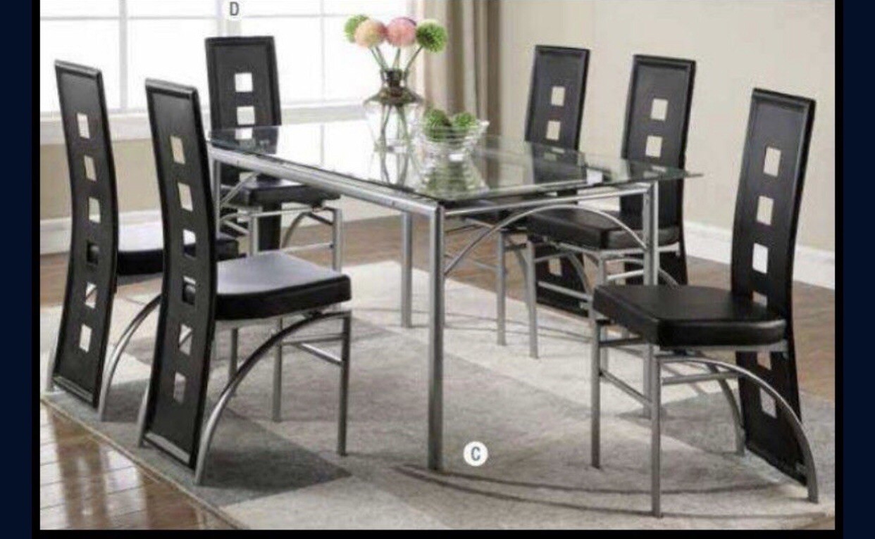 LOS FELIZ CONTEMPORARY METAL FRAME GLASS TOP DINING TABLE.
