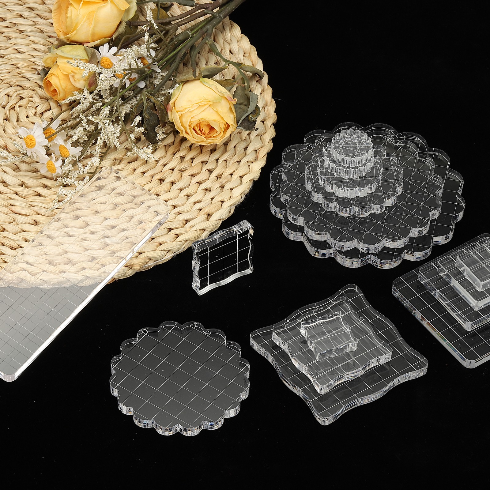 1.4" Acrylic Stamp Block, 6Pcs Stamping Block with Grid Lines Round