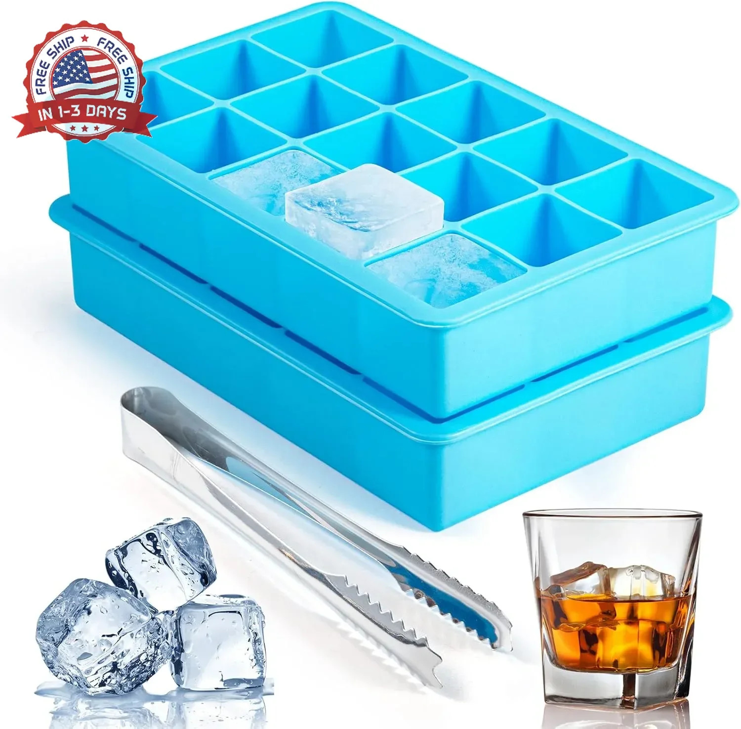 2 Pack Ice Cube Trays, Silicone Easy Release Flexible Molds 15 Ice Cubes T