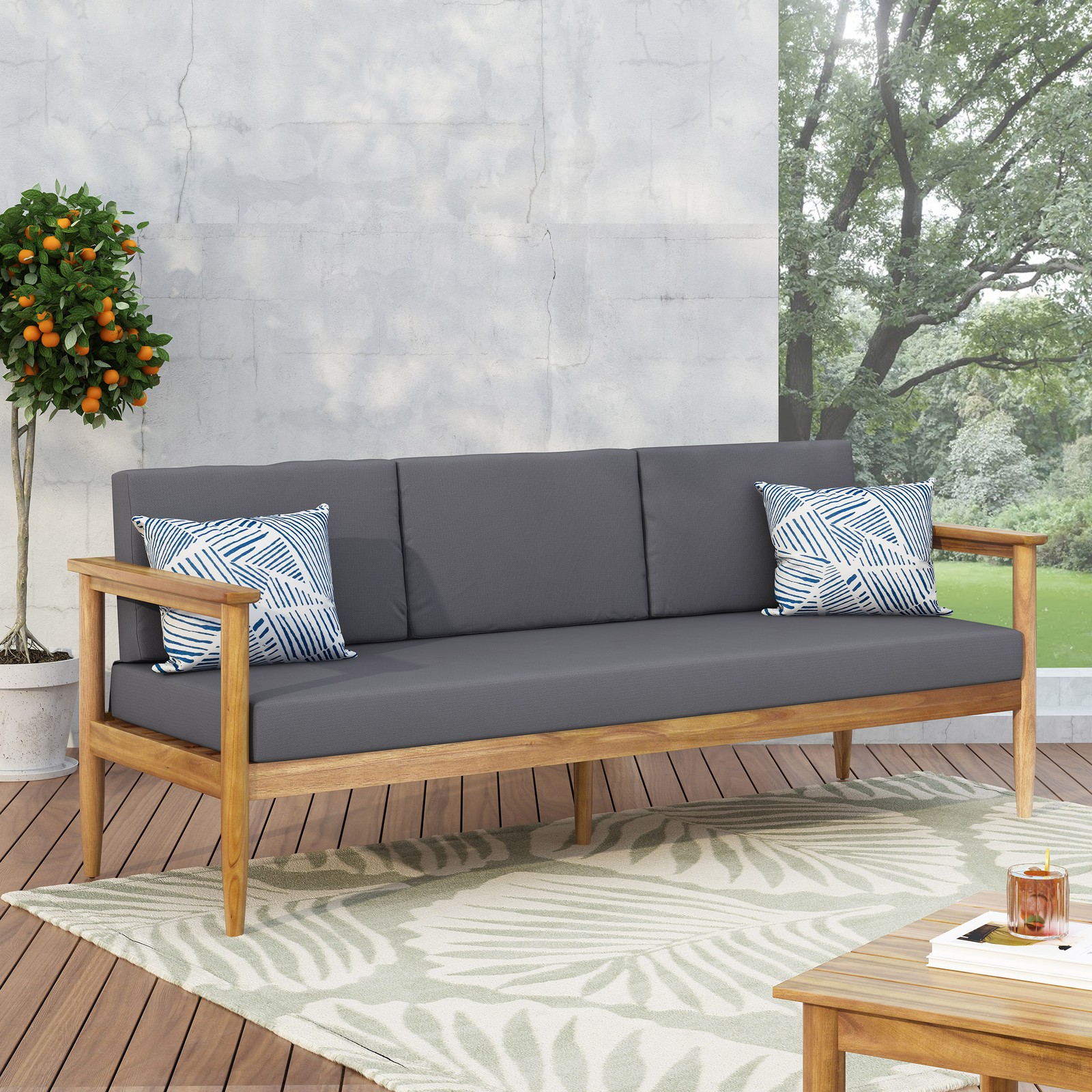 Outdoor Patio Sofa 3-Seater w/Water-Resistant Cushions, Acacia Wood Slat Design