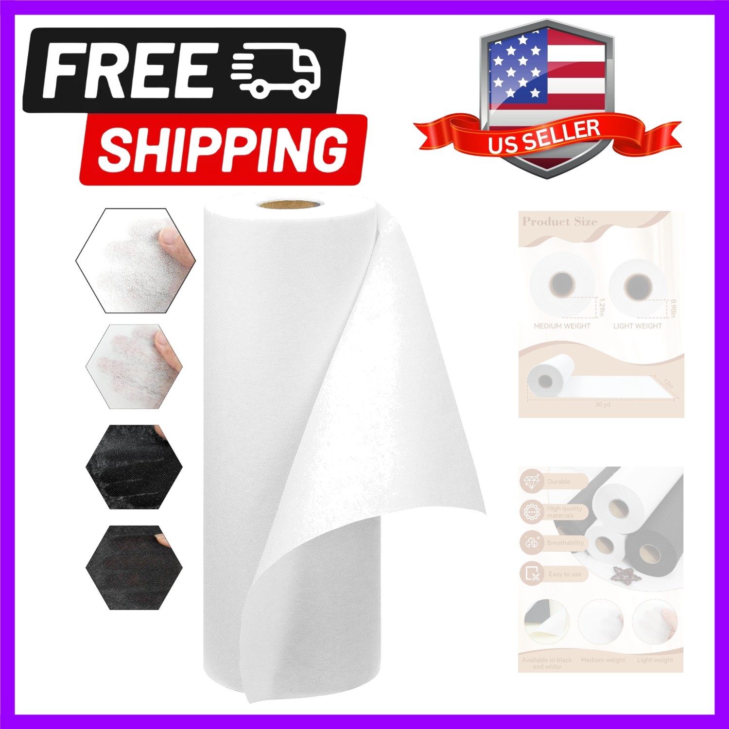 Versatile Black & White Medium Weight Fusible Interfacing 12in x 30yd for Crafts