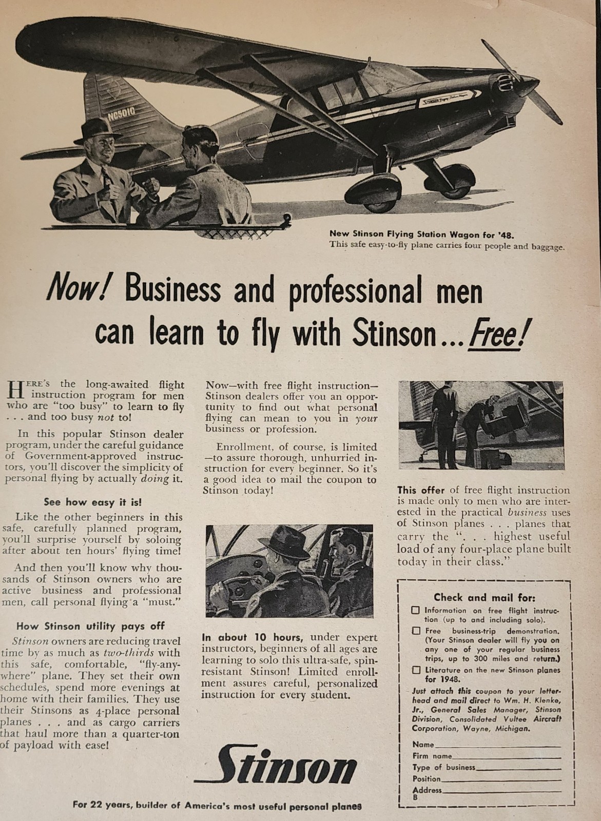 Stinson Plane Aircraft Picture Magazine Ad Vtg Original Wall Art Learn To Fly
