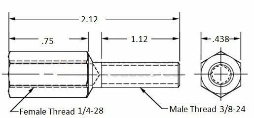 Thread adapter, 1/4-28 Female thread, 3/8-24 Male thread