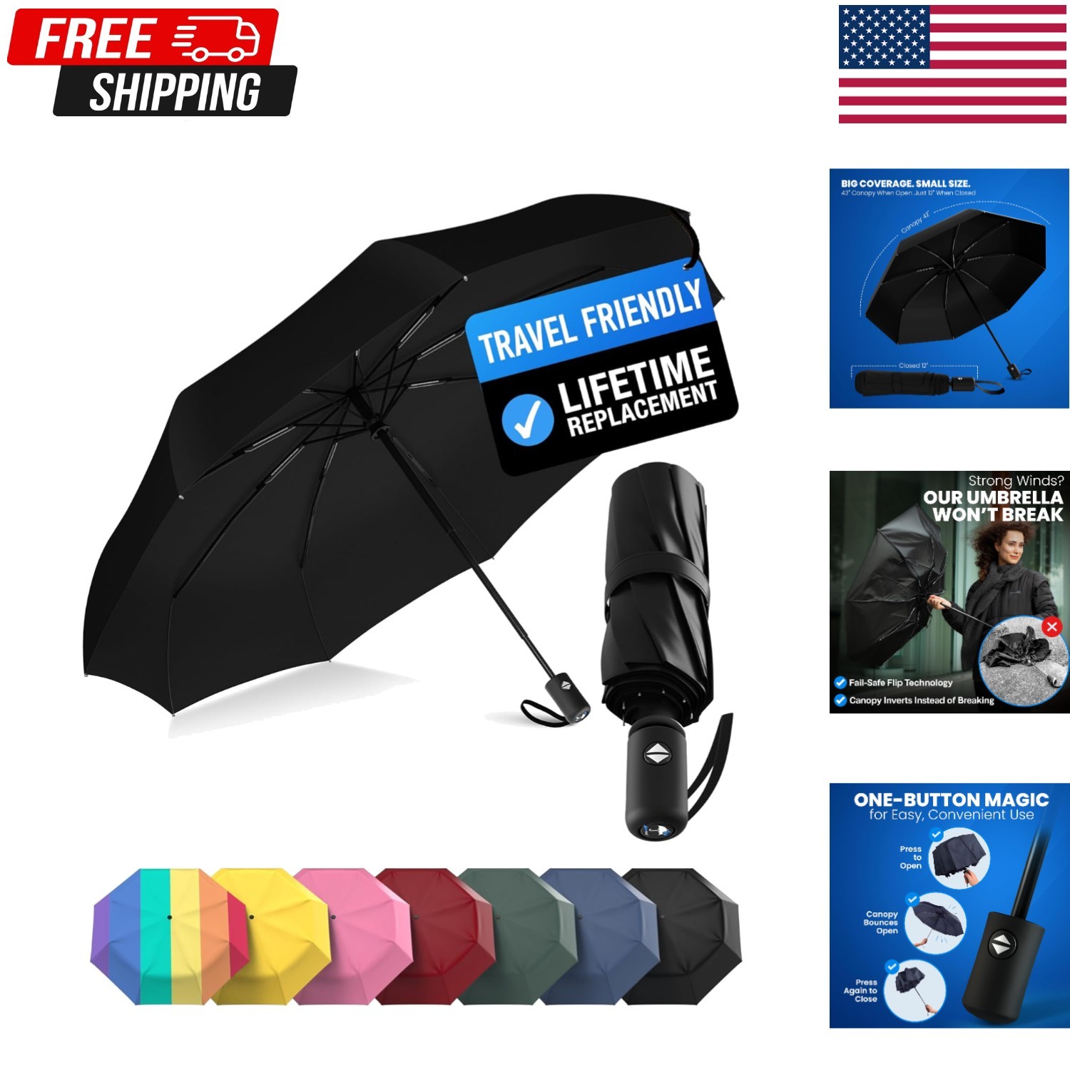 Classic Umbrella Automatic Open Wooden Stick Windproof Folding Rain Black Strong