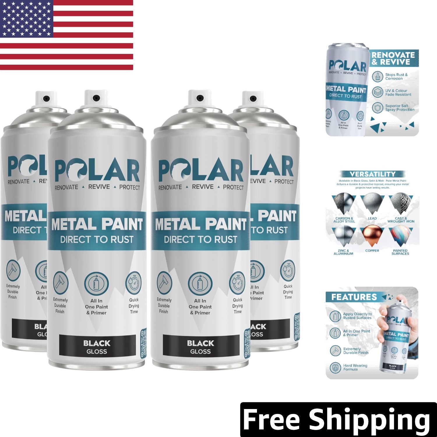 Polar Gloss Black Direct to Rust Spray Paint - 4 Pack for Indoor & Outdoor Use