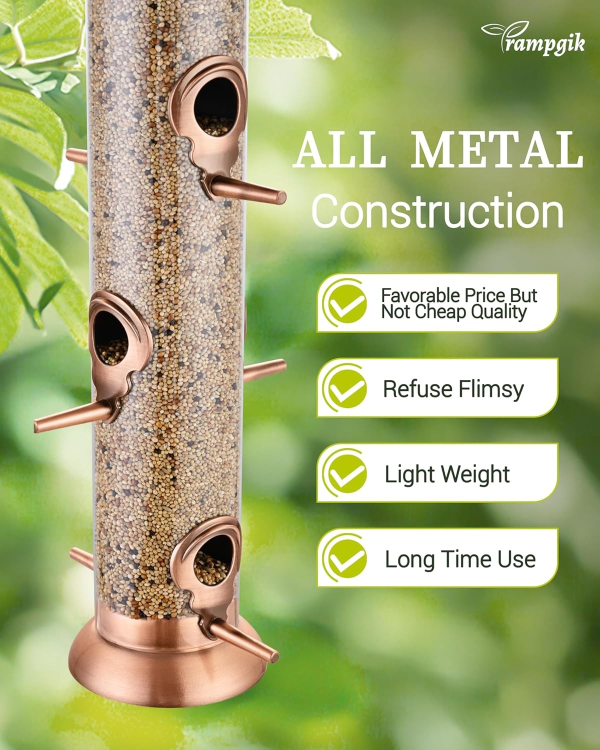 Bird Feeders for Outdoors,15 Inch 6 Ports Metal 15inch,1 Pack, Copper