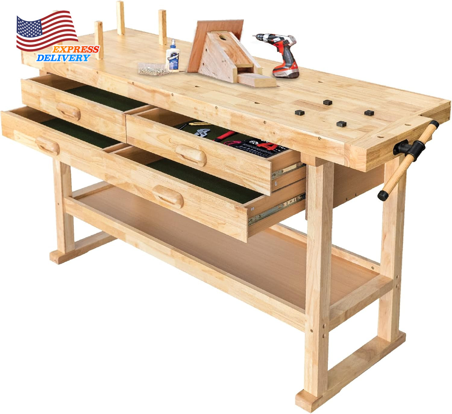 60" Rubber Hardwood Workbench with 4-Drawers 450Lbs Load for Garage Workshop