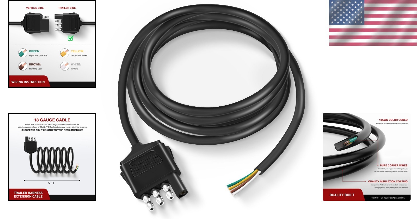 Heavy Duty 4-Way Trailer Extension Cable – 5 Feet, Pure Copper, Weatherproof