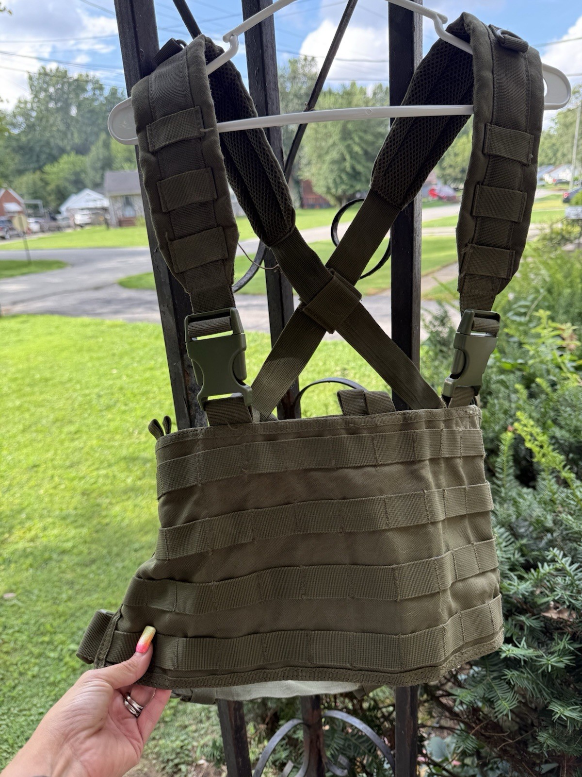 Green Tactical Chest Rig Vest Nylon Adjustable Straps Padded Shoulders One Size