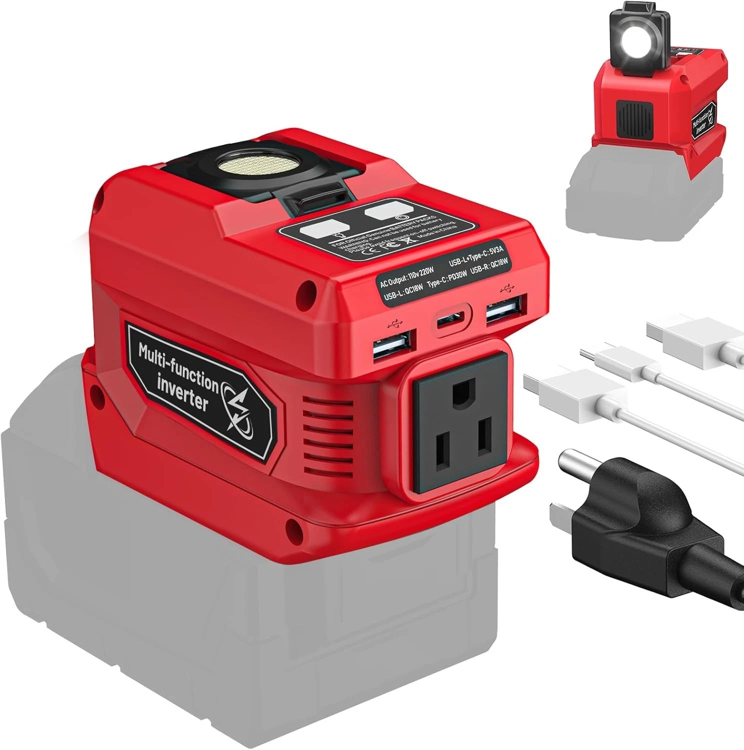 18V Battery Inverter for Milwaukee 18V 220W Output DC18V to AC 110V,400lm LED