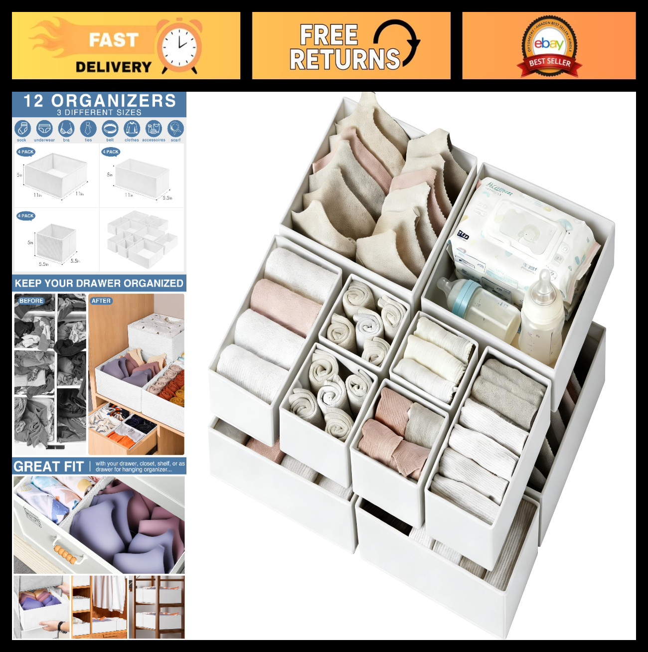 12 Pack Drawer Organizer - Fabric Closet Storage for Baby Clothes, Socks & More